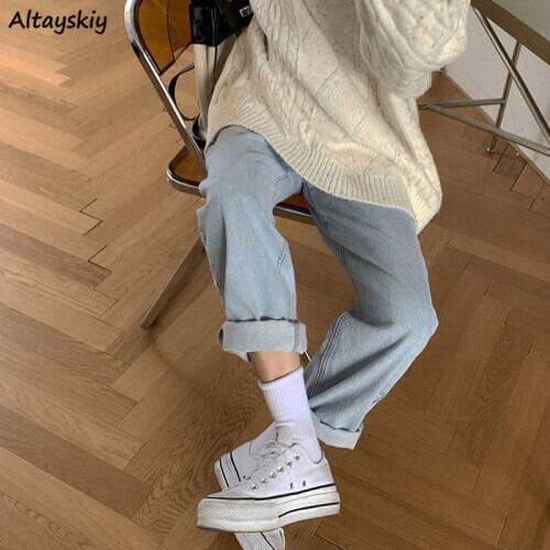 Denim Jeans Women Ins Harajuku Chic Simple Pure Blue College Style Teens Streetwear All-match Fall Straight Trendy Femme Clohtes