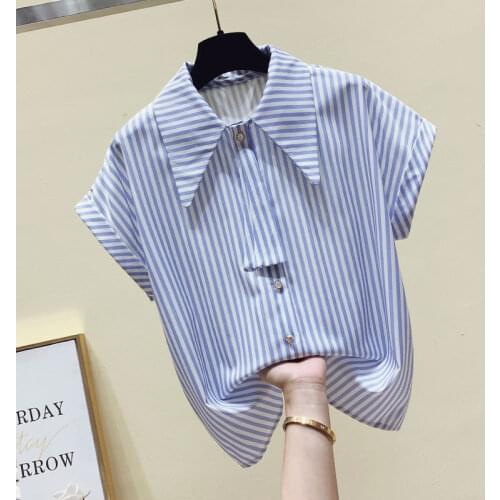 Elegant Striped Blouses Women 2021 Summer New Temperament Short Sleeve Shirt All-Match Tops Nancylim