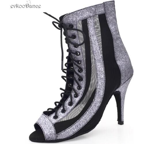 Evkoodance Party Dance Boots Grey Glitter 10cm High Heel Sexy Latin Tango Dance Shoes Womens Latin Lace-up Shoes