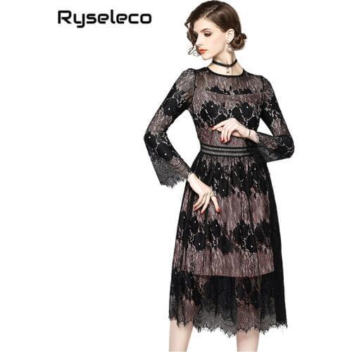 Quality Women Elegant Lace Dresses Fashion Long Flare Sleeve Full Crochet Eyelashed Lace Cutout Casual Party Plus size Vestidos