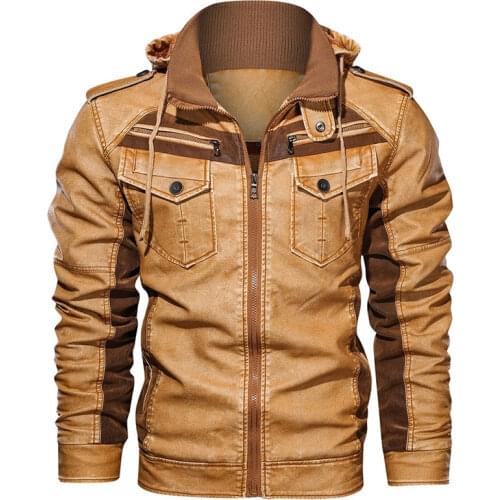 Motorcycle Leather Jackets Winter Fleece Thick Men Hooded PU Coats Male Fashion Outwear