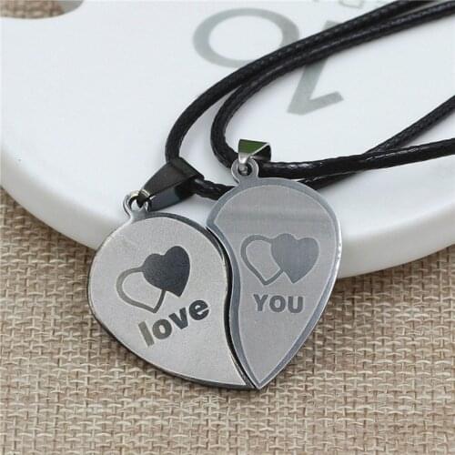 2PCS Creative Heart Shape Titanium Steel Couple Necklace Fashion Lovers Pendant Jewelry Valentines Day Memorial Gift