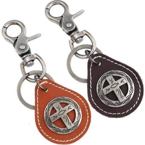 Fashion Cross Waist Hanging Jewelry Jesus Keychain Christian Religion Crucifix Leather Charm Car Key Chain Ring Bag Accessories