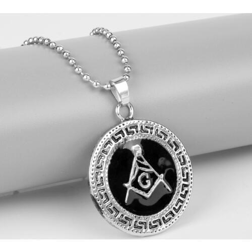 MQCHUN Mason Freemason Masonic Square Compass Vintage Silver Color Pendant Necklace Black Enamel Round Necklace-30