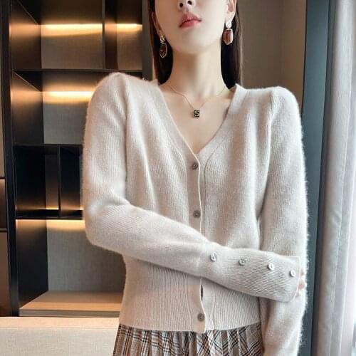 Autumn Womans Sweaters V-Neck Long Sleeve Casual Fit Female Cardigan 100% Wool Knitted Coats Tops Clothes Jacket Blouse Outwear