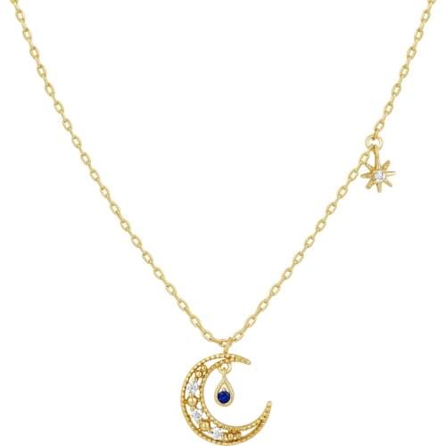 Wholesale Delicate Crystal Hollow Crecent Moon Shape Chocker Necklace With Blue Cz Stone Pendants For Women Korean Jewelry Gift