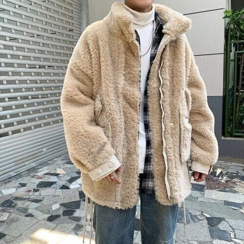 Winter Mens Thick Warm Faux Fur Coat Loose Stand Collar With Strap Lace Up Blue Beige Yellow Outwear L8
