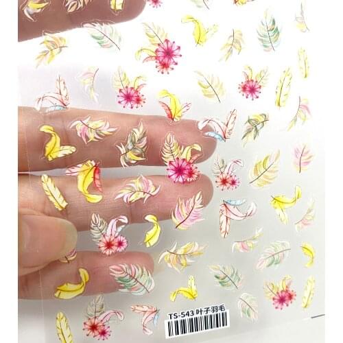 1pcs colorful leaf feather 3D Nail Sticker Flower Pattern Transfer Sliders Decoration Tips Top Quality Adhesive Charm Feather