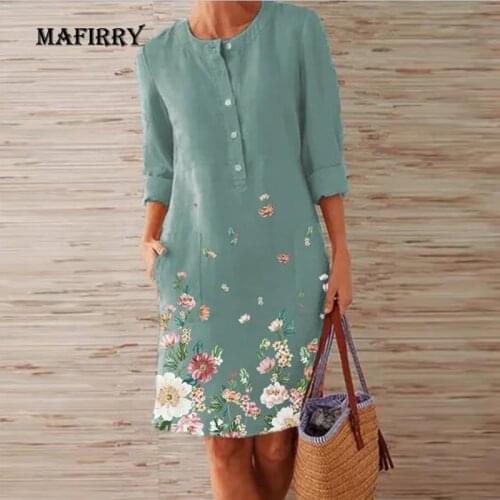 Summer Women Casual Round Neck Dress Floral Print Loose Large Size XXXL Outdoor Dress Elegant Lady Long Sleeve Button Slim Dress