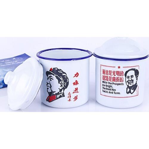 Retro nostalgic classic quotation enamel cup Vintage curling enamel mug Chinese White teacup with Cup lid creative Enamel mug