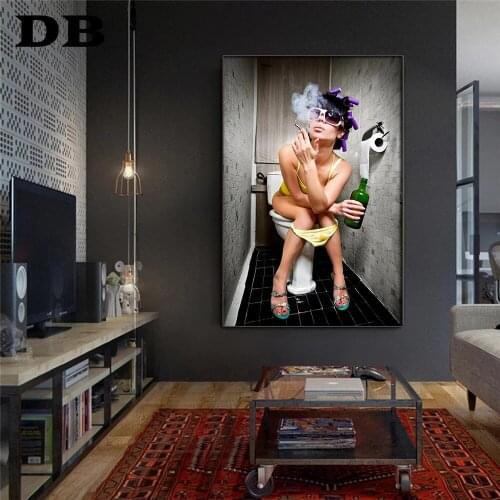 Modern Toilet Sexy Woman Canvas Painting Engraving Bar Girl Smoking And Drinking Bathroom Wall Art Picture Poster Decoration