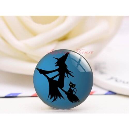 Handmade Round Witch Happy Halloween photo glass Cabochons, Jewelry Finding Cameo Pendant Settings, (F008-021)