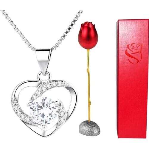 Heart Shape Rhinestone Pendant Necklace with Storage Box Rose Valentine Gift Set Pendant Necklace Storage Box Rose Valentine Gif