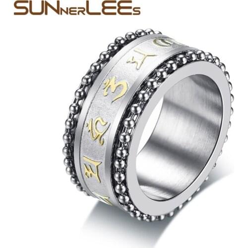 SUNNERLEES Titanium Stainless Steel Rings Buddhist Religious Prayer Om Mani Padme Hum Sand Surface Spinner Men Boy Ring R-368
