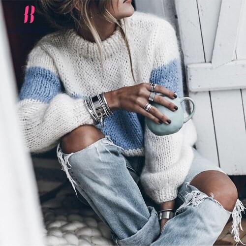 2021 Autumn Winter Sweaters For Women High Neck Color Block Patchwork Sweaters Pullover Long Sleeve Slim Soft Jumper Tops Shirt