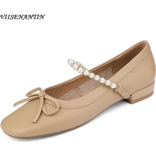 White Mary Jane Shoes Cowhide Square Toe Shallow Bow Flat Shoes Female Retro Pearl Word with French Gentle Single Shoes