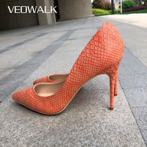 Veowalk Embossed Crocodile Pattern Women Sexy Extremely High Heels Brand Ladies Pointed Toe Stilettos Pumps Party Shoes Orange