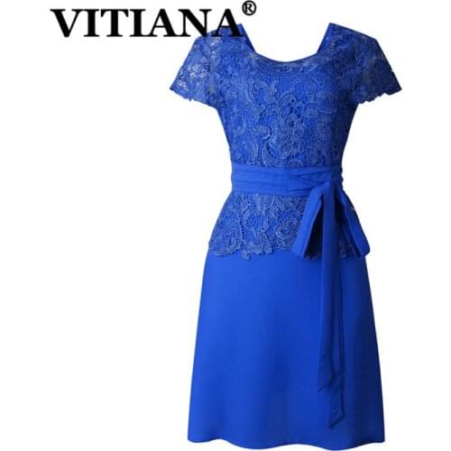 VITIANA Women Formal Lace Dress Summer 2020 Female Short Sleeve Slim Blue Office OL Knee-Length Dresses Femme Casual Vestidos