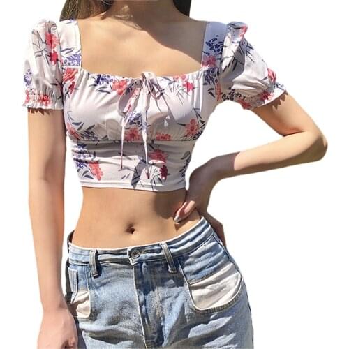 Summer New Fashion Sexy Floral Short Sleeve T-Shirts Summer Square Neck Tops Women Casual Exposed Navel Street Wear