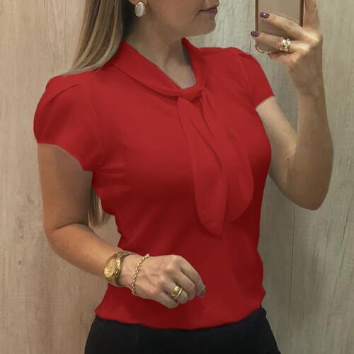 Plus Size 5XL Chiffon Blouse Tops For Women Summer Short Sleeve Solid Lace Up Blouse Tops Slim Ladies Blusas Shirt WDC2169