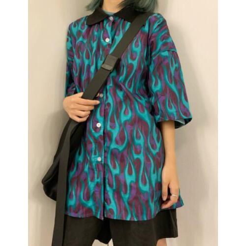 New womens retro flame print personality loose short sleeve shirt