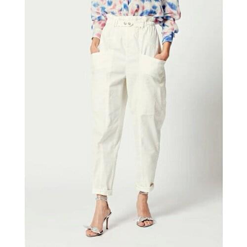 Woman White Cotton Baggy Trousers High Waist Elastic Big Pockets Fashion Pants