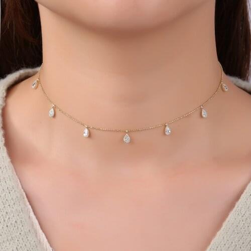 Womens Fashion Link Chain Necklace Exquisite Waterdrop Geometric Zircon Tassel Choker Party Anniversary Birthday Gift