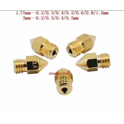 10pcs/Lot 0.2---1.0mm Copper 1.75mm / 3mm Filament M6 Threaded 3D Printer Accessories Mk8 Brass Nozzle Pointed Caliber