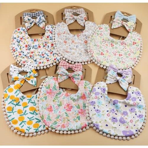 12 Sets/Lot Baby Boys Girls Bibs & Headband Floral Dot Plain Print Tassel Dinner Saliva Towel Vintage Double Side Clothing Stuff