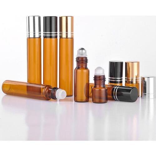 2ML 5ML 10ML Amber Glass Roll on Bottle Essential Oil Parfum Vial Brown Glass Roller Bottles Black Silver Gold Cap F20172408
