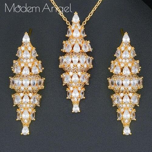 ModemAngel Luxury Bamboo Copper 2PCS NECKLACE EARRING Sets For Women Accessories Full Cubic Zirconia Earrings Jewelry