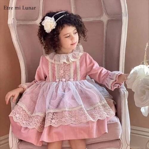 2021 Flower Girl Dress Pink Long Sleeves Lace Lotia Dresses Baby Birthday Baptism Ball Gowns