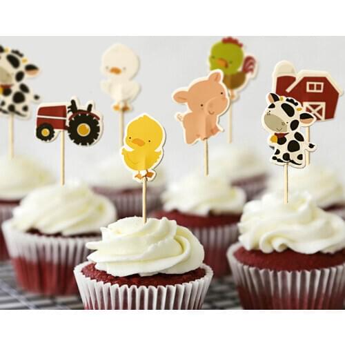 24pcs Farm Animals cupcake toppers Ice Cream candy bar pick With Bamboo baby shower decor kids birthday party supplies