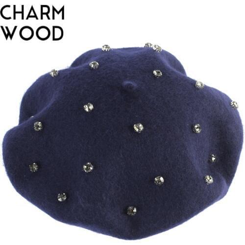 Womens Cashmere Berets Autumn New Wool Knitted Beret for Female Crystal Rhinestone French Artist Beret Warm Soft Fur Hat Bonnet
