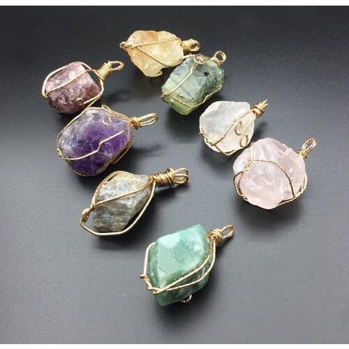 20-35mm1pcsNatural Stone Pandant Special Charm Necklace Amethyst Labradorite Rose Quartz Copper Wire Handmade