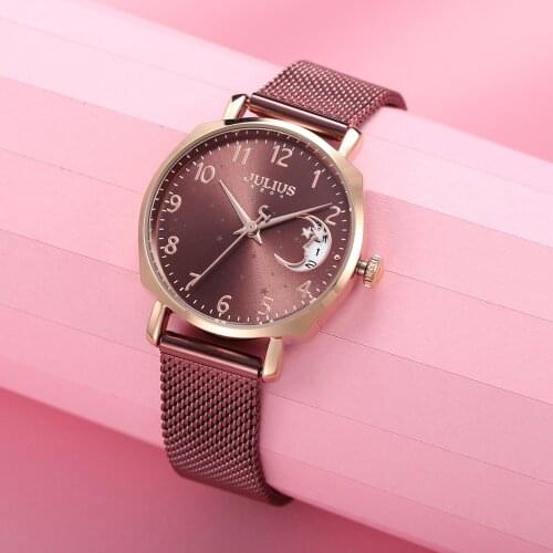 Auto Date Moon Star Julius Lady Womens Watch Japan Mov't Fashion Hours Stainless Steel Bracelet Business Clock Girls Gift Box