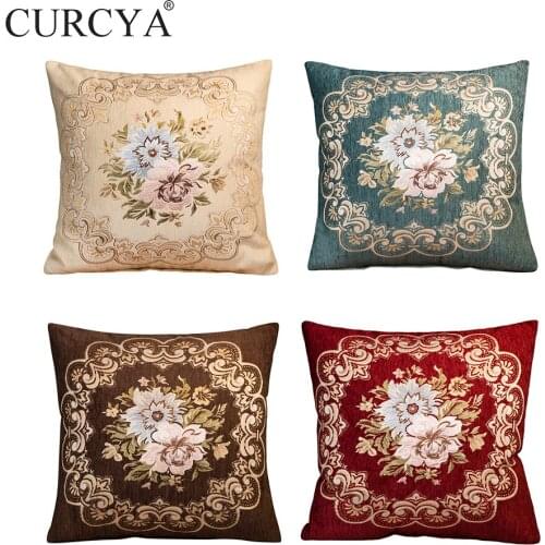 CURCYA Beige Blue Coffee Red Embroideried Cushion Cover Chenille Jacquard Floral Sofa Throw Pillow Case 45x45cm Home Decor