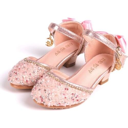 Children Leather Shoes Girl Korean Style Crystal Bow High Heels Girls Spring and Autumn Sandals Kids Prom Princess Shoes 7-12Y