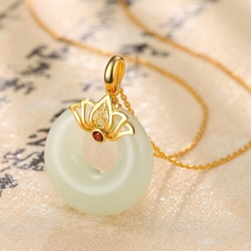 Natural Hetian Jade Donuts Pendant 925 Silver Necklace Chalcedony Amulet Fashion Charm Jewelry Gifts