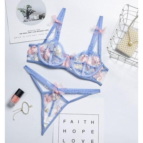 FVIAD 3 Piece Embrodiery Bow Lace Underwear Set Women Transparent Floral Sexy Lingerie Bra Underwire Panties Corset with Garters
