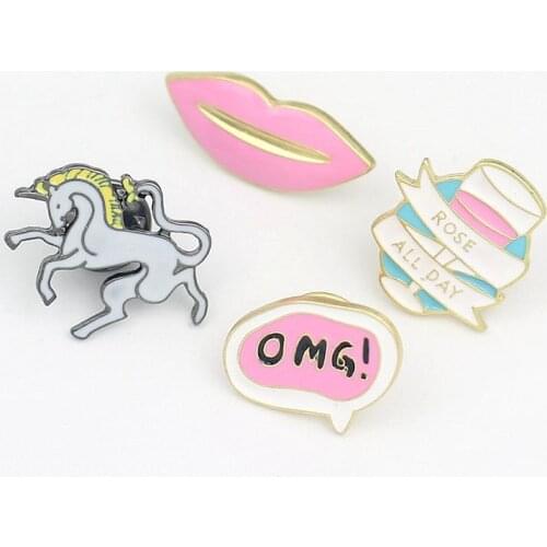Free shipping wholesale 10 pcs/ lot metal enamel unicorn rose lip letter omg badge brooch collar pin