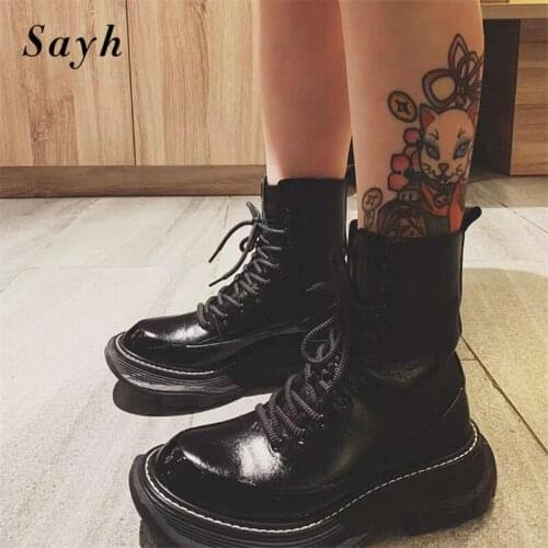 Fashion Platform Women Boots Black Leather Lace Up Chunky Heel Ankle Boots Luxury Brand Design Winter Martin Motorcycle Boots