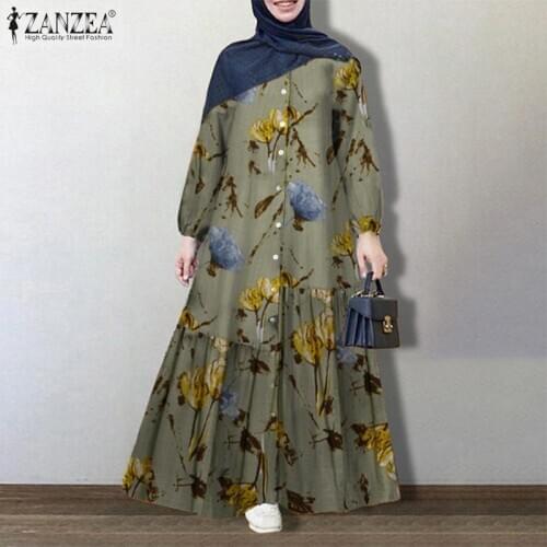 Muslim Printed Dress Womens Spring Sundress ZANZEA 2021 Kaftan Long Sleeve Floral Abaya Maxi Vestidos Plus Size Baggy Robe