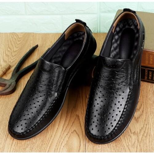 Top Quality Casual Mens Shoes Breathable Genuine Leather Shoe Men Slip on Summer Shoes Luxury Driving Flats Hollow Out Loafers