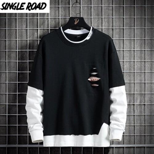 Single Road Mens Crewneck Sweatshirt Men 2021 Patchwork Solid Harajuku Sweatshirts Streetwear Casual Black Oversized Hoodie Men