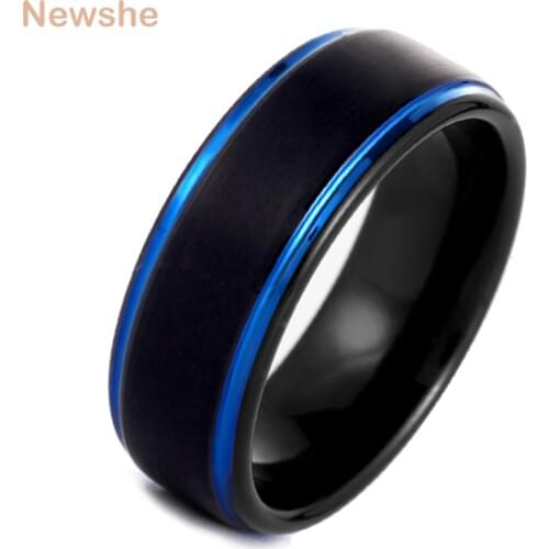 Newshe Mens Charm Wedding Band 8mm Black And Blue Line Tungsten Carbide Promise Rings For Men TRX057 Size 9-12