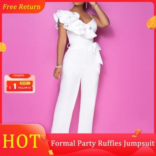 3XL Formal Evening Party Jumpsuit Women Sexy Overalls White Elegant Fashion Ruffle Long Jumpsuits Wide Leg Pants Plus Size 2021