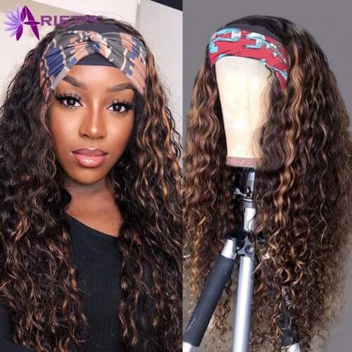 30 32 Inches Jerry Curly Headband Wig Human Hair Wigs For Black Women Highlight Honey Brown Color Human Hair Wigs Brazilian Wig