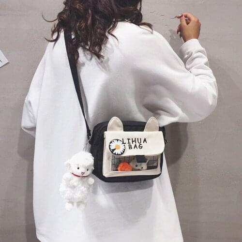 Cute Small Bag Female Ins Cartoon Bag Korea Lattice Girl Canvas Shoulder Bag Student Kitty Bag Shopping Storage with Pendant