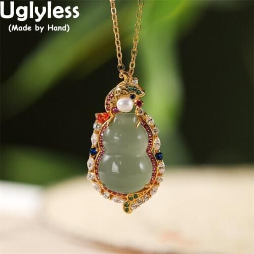 Uglyless Colorful Crystals Necklaces for Women Nature Jade Gourd Pendants + Chain Charming Eastern Dress Fine Jewelry 925 Silver